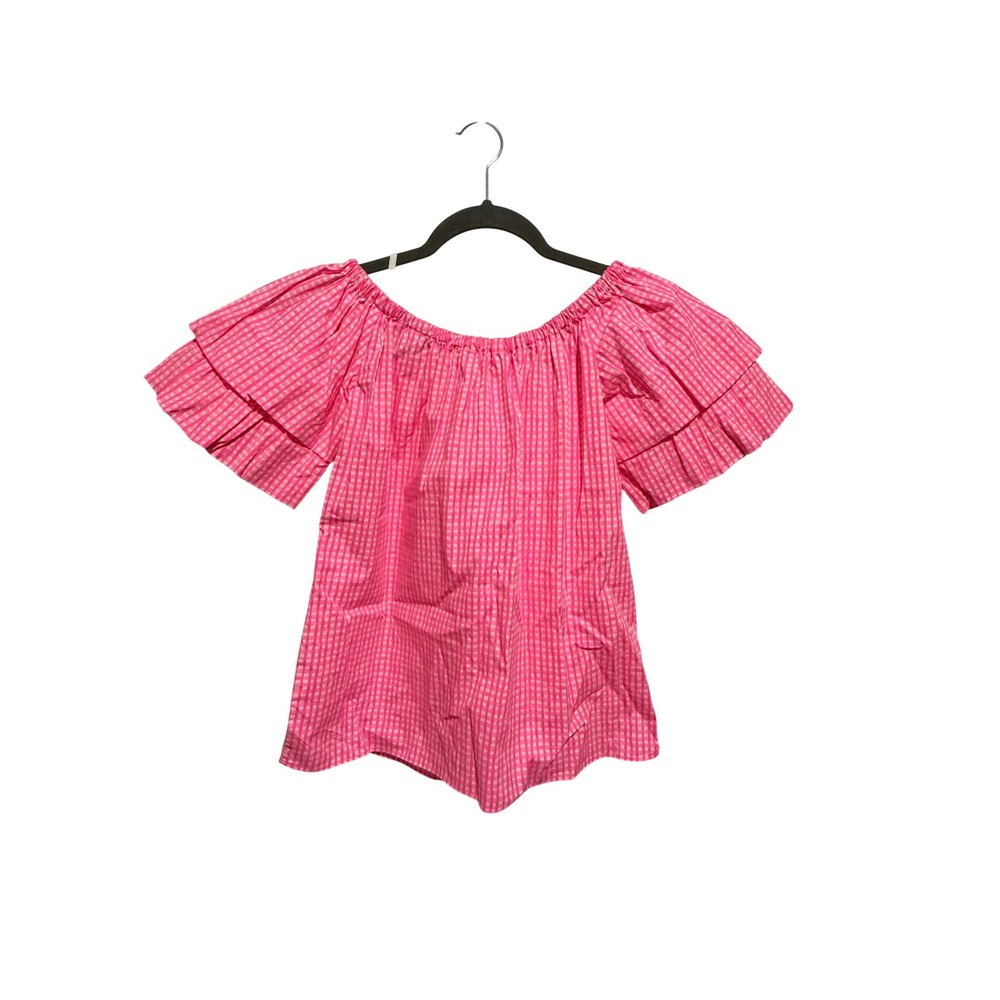 Lilly Pulitzer Frankee Neon Pink Gingham Off The Shoulder Ruffle Sleeve Top XXS - Picture 2 of 5